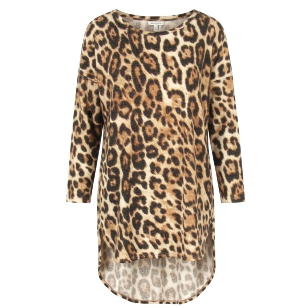 ADRIENNE Brown/Multi LEOPARD PRINT Hi-Low THERMAL KNIT Blouse/Tunic Top Sz M